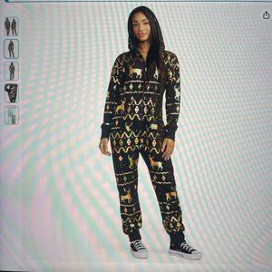Tipsy Elves Unisex Gold Foil Fair Isle Reindeer Jumpsuit, unisex size small